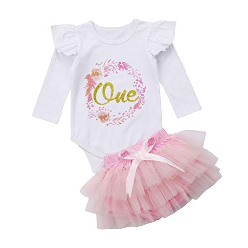 Mbby Bambina Compleanno 1 Anno Pagliaccetto Manica Corta con Scritte “One” + Tutu Tulle Tuta Bimba Estivi 0-24 Mesi Completo Bambini Due Pezzi Set Tute Cotone Ragazza Bambino Femmina Neonata