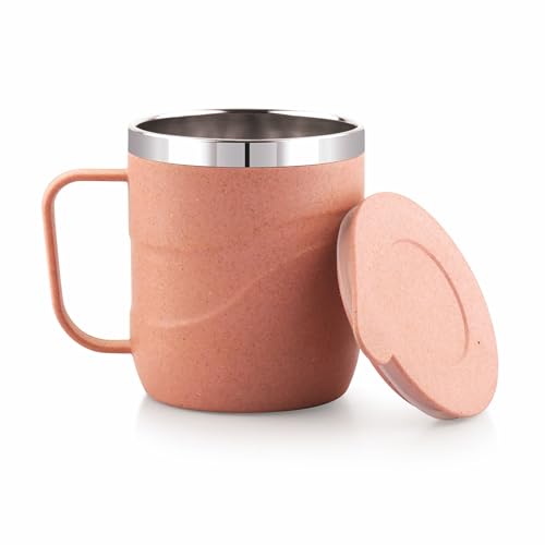 Image of ATTRO Brew Mug - Stainless Steel Inner with eco Friendly Outer Body Durable & Stylish, Microwave Safe Coffee /Tea Mug with Handle & Lid, Ideal for Home, Office, Travel & Gifting - 300ml - Pastel Peach