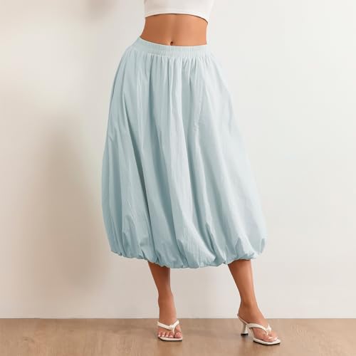 Women Bubble Y2K Maxi Skirt High Waist Solid Color A Line Long Skirts Pleated Flowy with Pockets3