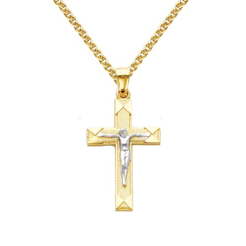 The World Jewelry Center 14k Two Tone Gold Jesus Cross Religious Pendant with 1.5mm Flat Open Wheat Chain Necklace