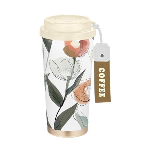 SKYSHU Tulip - Taza de café de viaje aislada de 17 onzas con tapa y pajita, vaso a prueba de derrames y fugas con correa de asa para bebidas calientes y frías, botella de agua reutilizable de acero