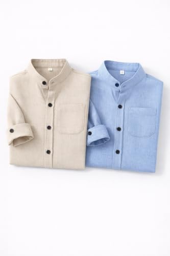 Image of Boys Mandarin Collar Shirt with Chest Pocket Beige and Rama Blue Color, Long Sleeve Button-Down Casual Shirt Pack of 2