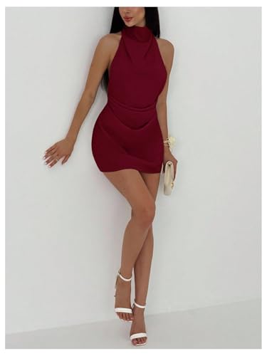 Image of Floerns Women's Ruched Cowl Neck Halter Mini Dress Tie Backless Night Out Dresses