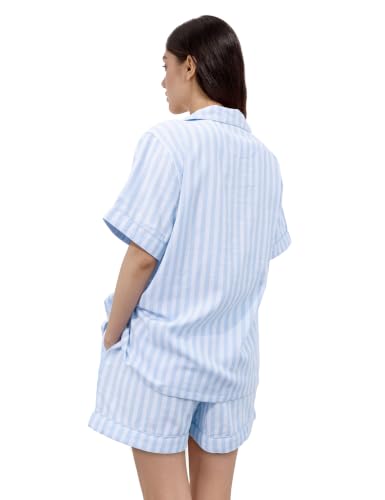 Image of Womens Muslin Pajama Sets 100% Cotton Double Gauze Linen Like Short Pjs | Breathable Soft Comfort Button Up Loungewear Sleepwear PJ Set