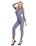 Mufeng Women's Sheer Mesh Long Sleeve Bodystocking Turtleneck Bodysuits Double Zipper Underwear Lingerie (Gray, Large)