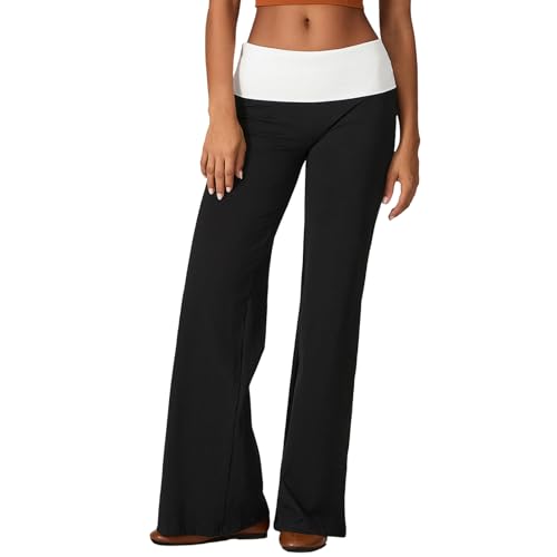 XFLnaraz Women Y2k Fold Over Long Pants Straight Leg Casual Folded Waist Solid Color Slim Fit Joggers Trousers Streetwear