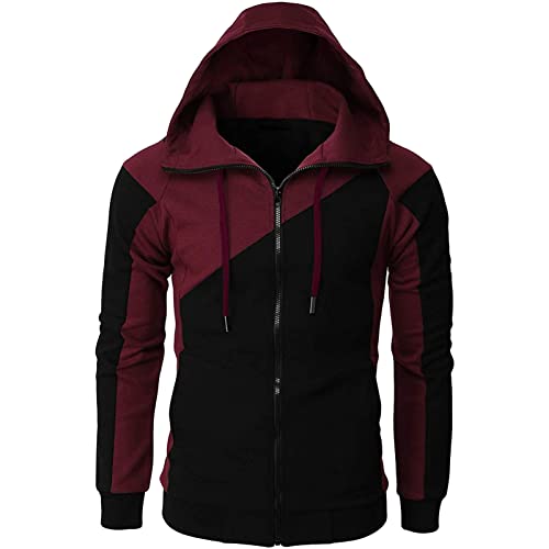 Maiyifu-GJ Men's Fleece Hoodies Full Zip Lightweight Color Block Hoodie Long Sleeve Zip-up Hooded Sweatshirt With Pocket (Dark Red,Small)
