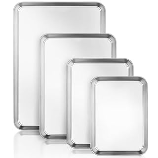 Baking Tray Set of 4, Stainless Steel Oven Trays Rectangle Cookie Sheet Pan, Perfect for Baking Cooking Serving, Non Toxic & Healthy, Heavy Duty & Durable, Mirror Finished & Dishwasher Safe