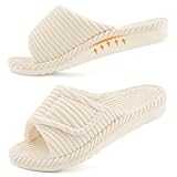 Litfun Orthopedic Slippers for Women Arch Support Indoor House Slippers Adjustable Open Toe Corduroy Bedroom Shoes with Memory Foam for Plantar Fasciitis, Beige 39