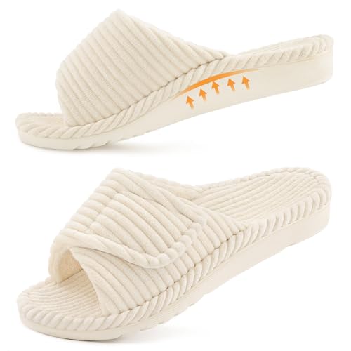 Litfun Orthopedic Slippers for Women Arch Support Indoor House Slippers Adjustable Open Toe Corduroy Bedroom Shoes with Memory Foam for Plantar Fasciitis, Beige 39