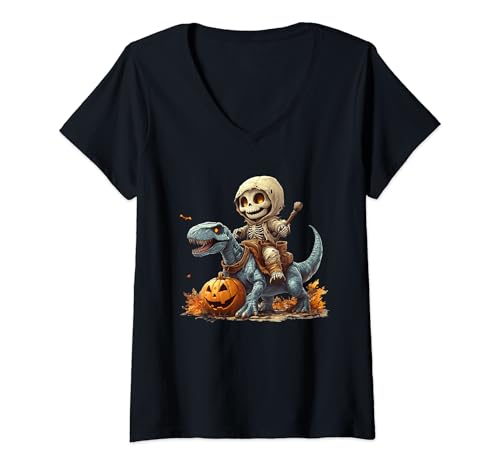 Mujer Skeleton Riding Dinosaur Funny Halloween Pumpkin Men Women Camiseta Cuello V