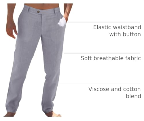 Image of Runcati Mens Casual Pants Elastic Waist Linen Dress Lightweight Straight-Legs Loose Fit Summer Beach Yoga Trousers