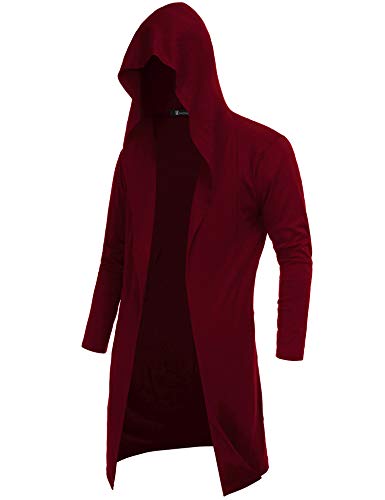 RAGEMALL Mens Long Cardigan Open Front Draped Lightweight Hooded Sweater with Pockets Wine Red_M
