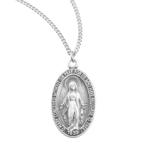 Women's .925 Sterling Silver Oval Miraculous Medal, Virgin Mary Double- Sided Pendant Necklace on 18 Inch Rhodium- Plated Chain, Made in USA, Catholic Jewelry with Deluxe Velvet Gift Box