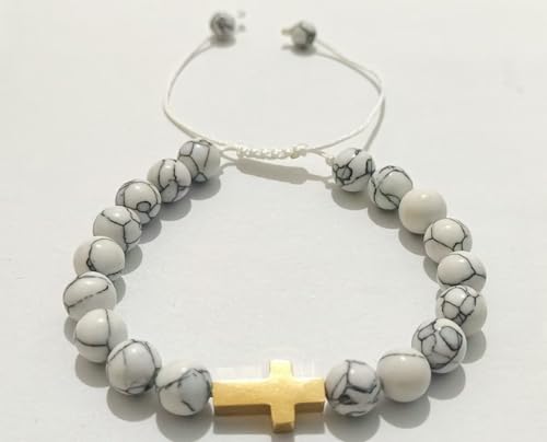 Image of Girl 18K Gold Plated Cross Bracelet - 1st Communion, Baptism, Girl Confirmation Gift, Girl Turquoise Jewelry. (White turquoise), 10 inches