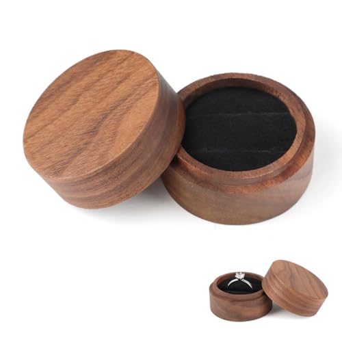 Caja de Anillos de Madera, Caja de Anillos de Madera de Nogal con Interior de Terciopelo Suave, Estuche para Joyas, Caja de Presentación para Pendientes, Propuesta de Compromiso, Ceremonia de Boda