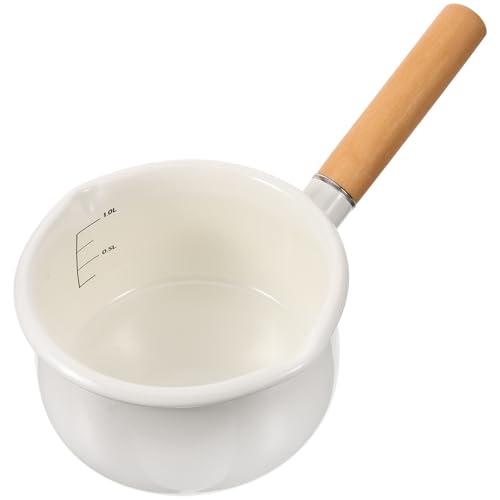 Lurrose Cazo esmaltado 1000ml con mango de madera, antiadherente y ligero, ideal para cocinar alimentos para bebés y pequeñas porciones en cocina doméstica