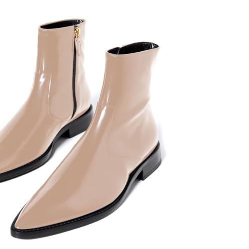sarawill Women's Pointed Toe Flat Ankle Boots Fashion Patent Side Zipper Low Chunky Heel Booties Fall Winter Office Wedding Dress Chelsea Boots for Women4