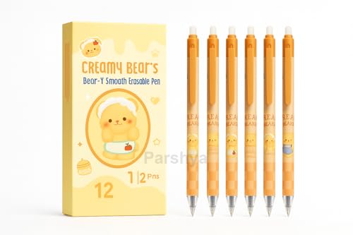 Image of KiddieWorld Creamy Beaar Erasable Gel Pens Set of 12 | 0.5 mm Fine Tip Blue Ink | Heat Erase Technology | Soft Grip | Cute Pens for Kids, Students & Office Use