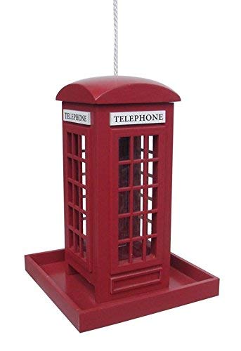 Unibos Red Deluxe Novelty Traditional Telephone Box Decorative Bird Table Seed Nut Suet Feeder Feeding Station Wooden Garden Wild Bird Feeder Tray With Hanging Cord