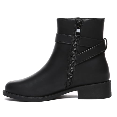 Athlefit Women's Ankle Boots Chunky Low Heel Fashion Round Toe Buckle leather Booties3