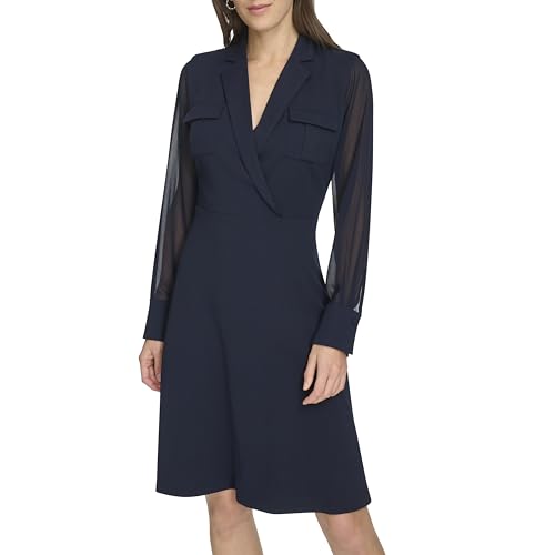Image of Calvin Klein Women's Long Chiffon Sleeve Collared Surplice Neck Crepe Mini Dress