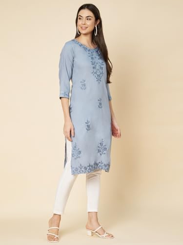 Image of Women's Chikankari-Lucknowi Embroidered Work | Knee Length | Round Neck | Cotton Fabric | Straight Kurta