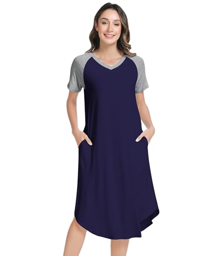 Image of NACHILA Women's Nightgowns-Viscose Made from Bamboo, Soft Sleepshirt Short Sleeve Nightshirt V Neck Sleepwear Cool Loungewear