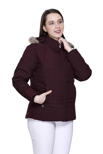 Image of Winter Puffer Jacket with Faux Fur Hood, Quilted, Full Zip, Burgundy