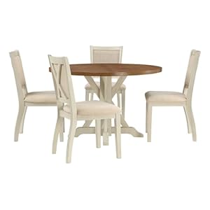 Osp home furnishings delina farmhouse 5 piece dining set natural woodgrain top table with antique white base and chairs  urban country home decor