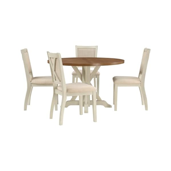 Osp home furnishings delina farmhouse 5 piece dining set natural woodgrain top table with antique white base and chairs  urban country home decor