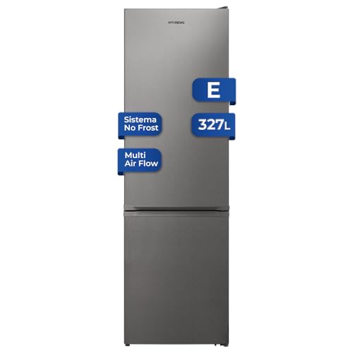 Hyundai Frigorífico Combi 2 Puertas Inox HYC200ENFLX3. Capacidad 327 Litros, No Frost, Multi AirFlow, Puerta Reversible, Bajo Nivel Sonoro, Eficiencia Energética Clase E