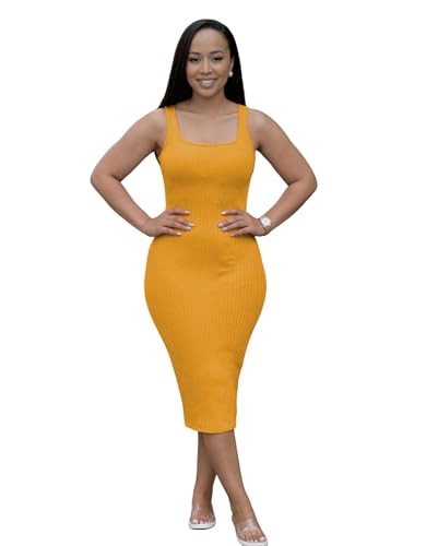 Image of TOPSRANI Women Sexy Midi Dress Bodycon Casual Sleeveless Basic Ruched Tank Summer Club Party Dresses