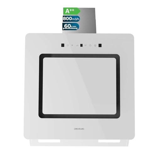 Cecotec Hotte Aspirante Inclinée Décorative 60cm Bolero Flux Dt 608002 Glass White A++. Finition Verre Blanc, Cheminée Inox, Aspiration 800M3/H, Moteur...