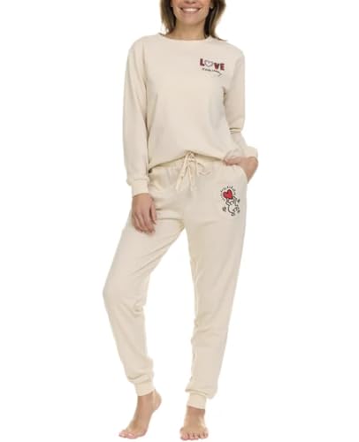 Keith Haring Womens 2 Piece Super Soft Luxurious Fleece Lounge Pajama Set, Long Sleeve Crew and Jogger (US, Alpha, X-Large, Regular, Regular, Tan)