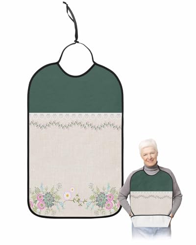 LEOKOTI Turquoise Spring Floral Adult Bibs for Eating, Waterproof Bibs with Food Catcher & Snap Closure, Elegant Luxurious Botanical Rustic Washable Clothing Protectors Adult Bibs for Elderly