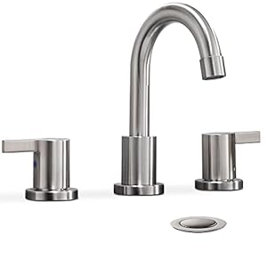 Phiestina 2 Handle 3 Hole 8 Inch Widespread Bathroom Faucet with Metal Pop-Up Drain, Brushed Nickel, WF015-1-BN