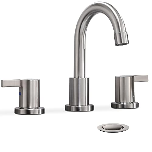 Phiestina 2 Handle 3 Hole 8 Inch Widespread Bathroom Faucet with Metal Pop-Up Drain, Brushed Nickel, WF015-1-BN by phiestina - Used condition - US$39.99
