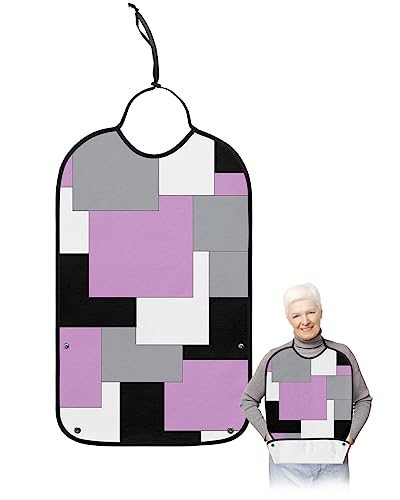 LEOKOTI Pink Grey Black Geometric Adult Bibs for Eating, Waterproof Bibs with Food Catcher & Adjustable Snap Closure, Middle Century Art Abstract Aesthetics Clothing Protectors Adult Bibs for Elderly