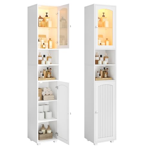 FORABAMB Meuble Salle de Bain avec Éclairage LED, Meuble de Rangement avec Étagères Réglables, Porte Vitrée, Compartiments Ouverts,Armoire Salle de Bain...