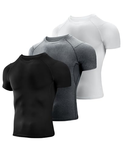 Niksa 3 Stück Kompressionsshirt Herren,Laufshirt Herren Kurzarm mit Unterarm Mesh kurzärmliges Funktionsshirt Atmungsaktiv Sportshirt Männer für Running Workout Fitness, Schwarz, Grau, Weiß, M