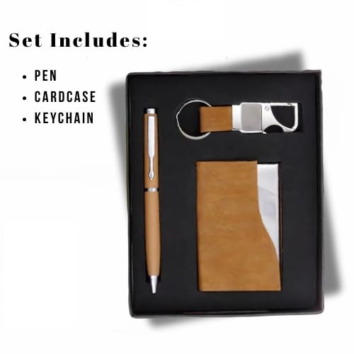 Image of 3 in 1 Personalized Keychain with Pen & Cardcase Combo Gift Set | Custom Name Engraved Leather Notebook with Premium Metal Pen | Ideal for Office, Corporate & Personal Gifting (Tan)
