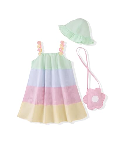 Yhnslsf 4T Summer Dresses for Toddler Girls 3-Pieces Sleeveless Spring Outfits Gifts 5T Little Girl Princess Dress Flowers Strap Essentials Rainbow Beach Sling Sundress with Floral Bag and Hat