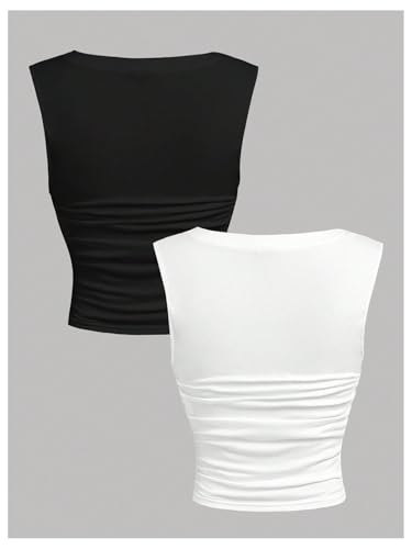 OYOANGLE Girl's 2 Pack Tank Top Set Knit Square Neck Sleeveless Ruched Fitted Tops2
