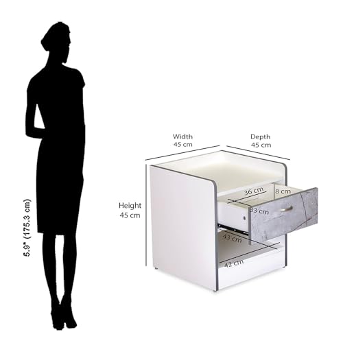 Image of Nilkamal Marbito Night Stand | Engineered Wood Build | Spacious Top Shelf |Drawer with Marble Finish and A Bottom Shelf | 1 Year Warranty | Frosty White