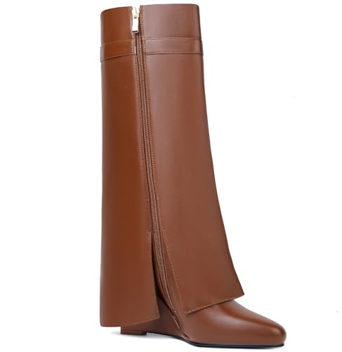 Image of Fold Over Knee High Boots for Women Pointy Pull-on Wedge Heel Knee Shark Boot With Side Zipper Covered Wedge Heel Padlock Boot