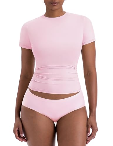 LanGui Womens Short Sleeve T Shirts - Cotton Tshirt Crew Neck Fitted Basic Tee Soft Cute Y2K Tops for Summer Trendy Going Out Pink