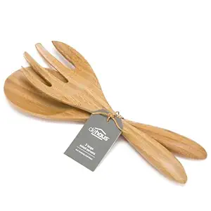 Dehaus LARGE Bamboo Salad Servers 30.5cm, Eco Friendly Wooden Serving Spoons Set, Fork and Spoon Tongs, Wood Kitchen Utensil (12 inches Approx)