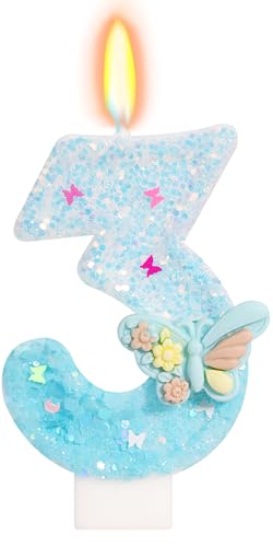 Elekfx Pastel Blue Butterfly Number 3 Candle 3rd Birthday Decorations