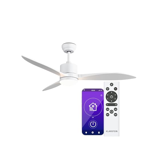 KLARSTEIN SkyBreeze Ventilador de Techo con Luz - IP44 Exterior/Interior, Control Inteligente, Silencioso 40dB, 6 Niveles de Velocidad, Modo Verano/Invierno, Luz Regulable, Blanco